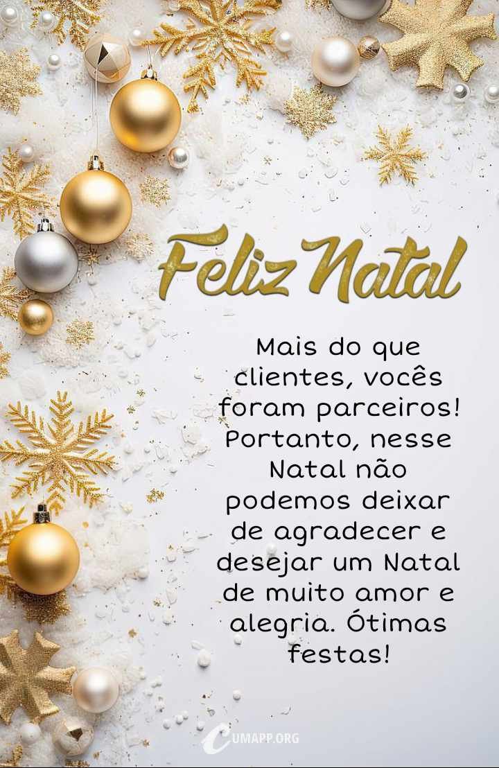 Mais do que clientes, vocês foram parceiros! Portanto, nesse natal não podemos deixar de agradecer e desejar um natal de muito amor e alegria. Ótimas festas.